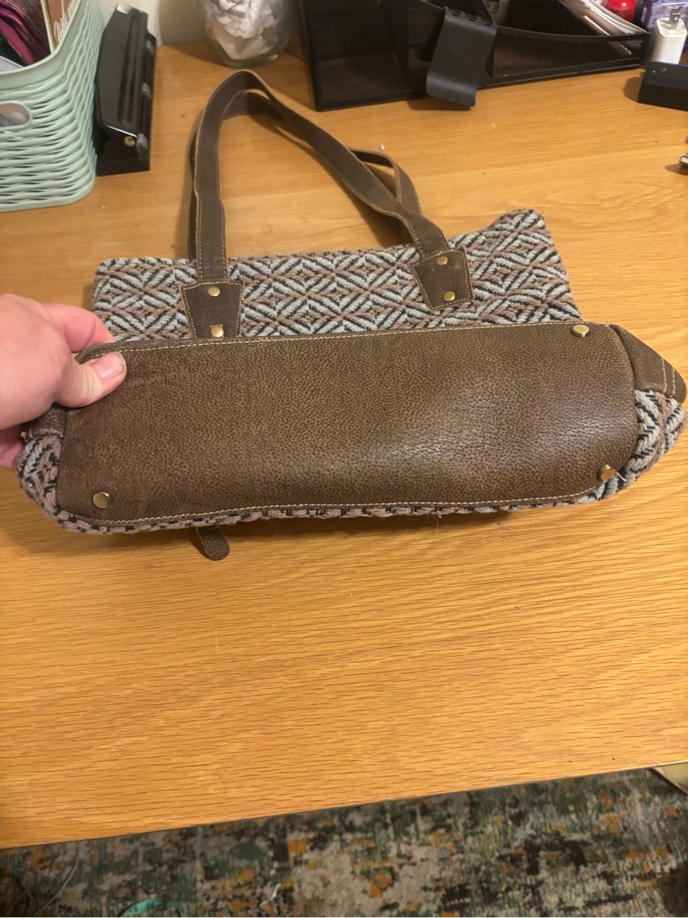 Brown Geometric Pattern Tote with Heart Charm - Picture 3 of 11
